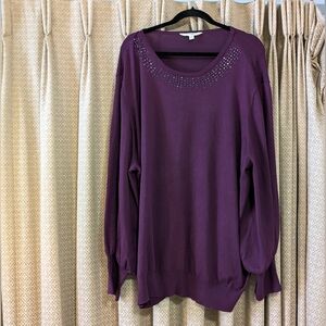 Women's Size 4X Terra & Sky Dark Purple Ribbed Crew/Bedazzled Neck Sweater